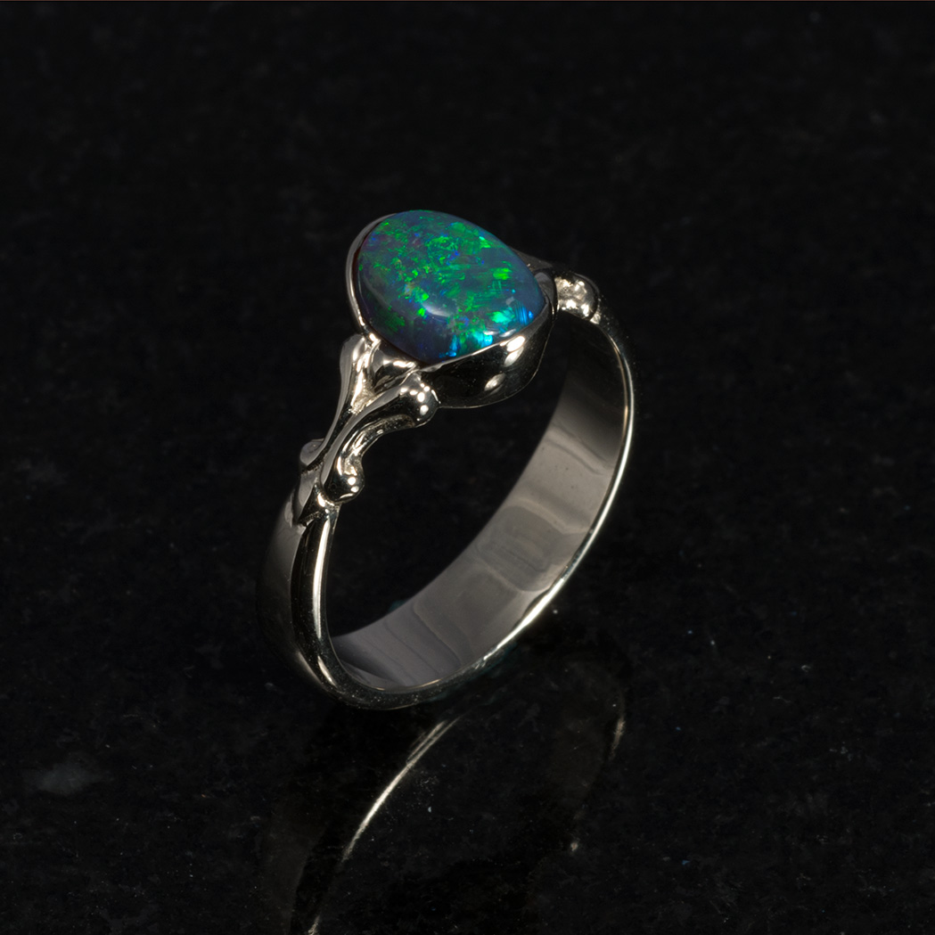 Black Opal Ring 18k White Gold Partial Bezel Hcj Cart