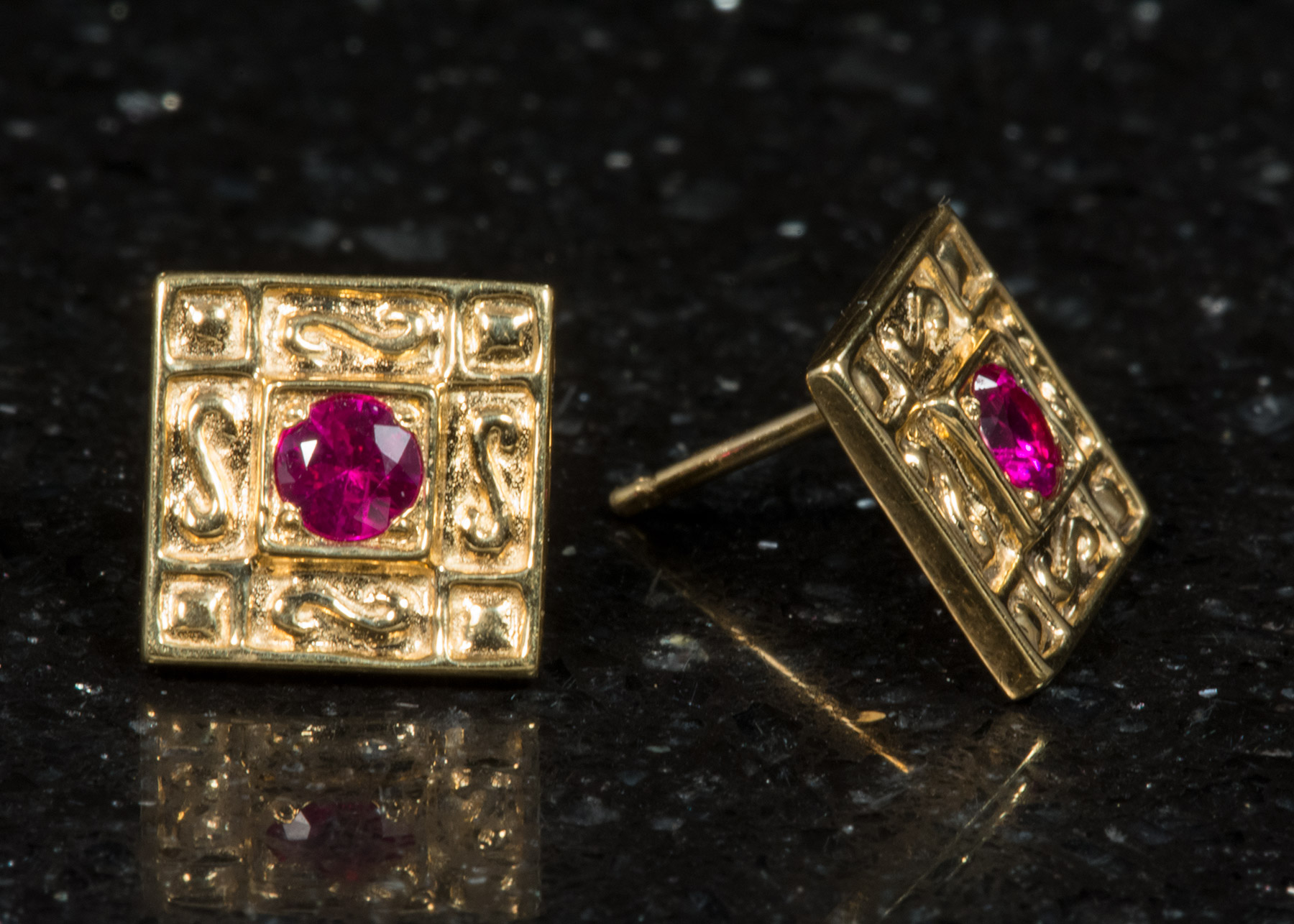 Hunt Country Jewelers Square Ruby Earrings in 18K Yellow Gold