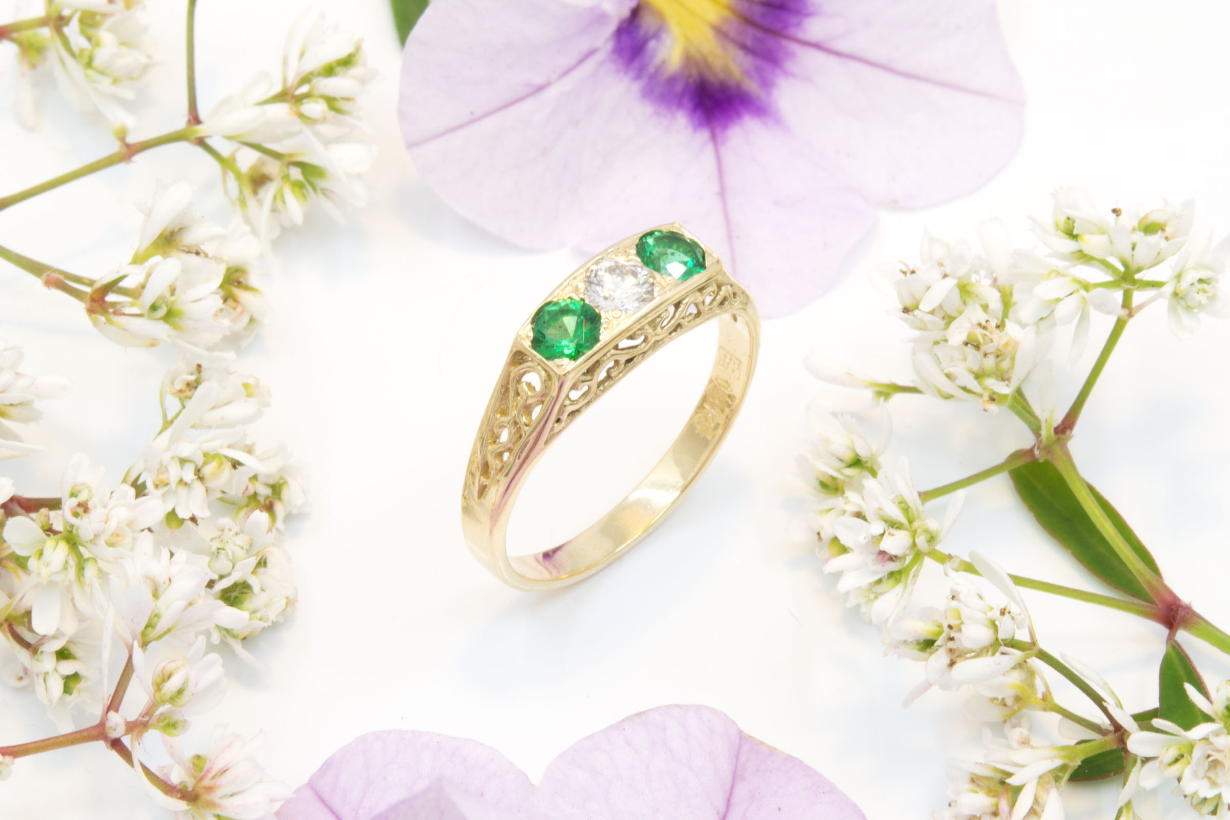 Emerald and Diamond Open Filigree Ring