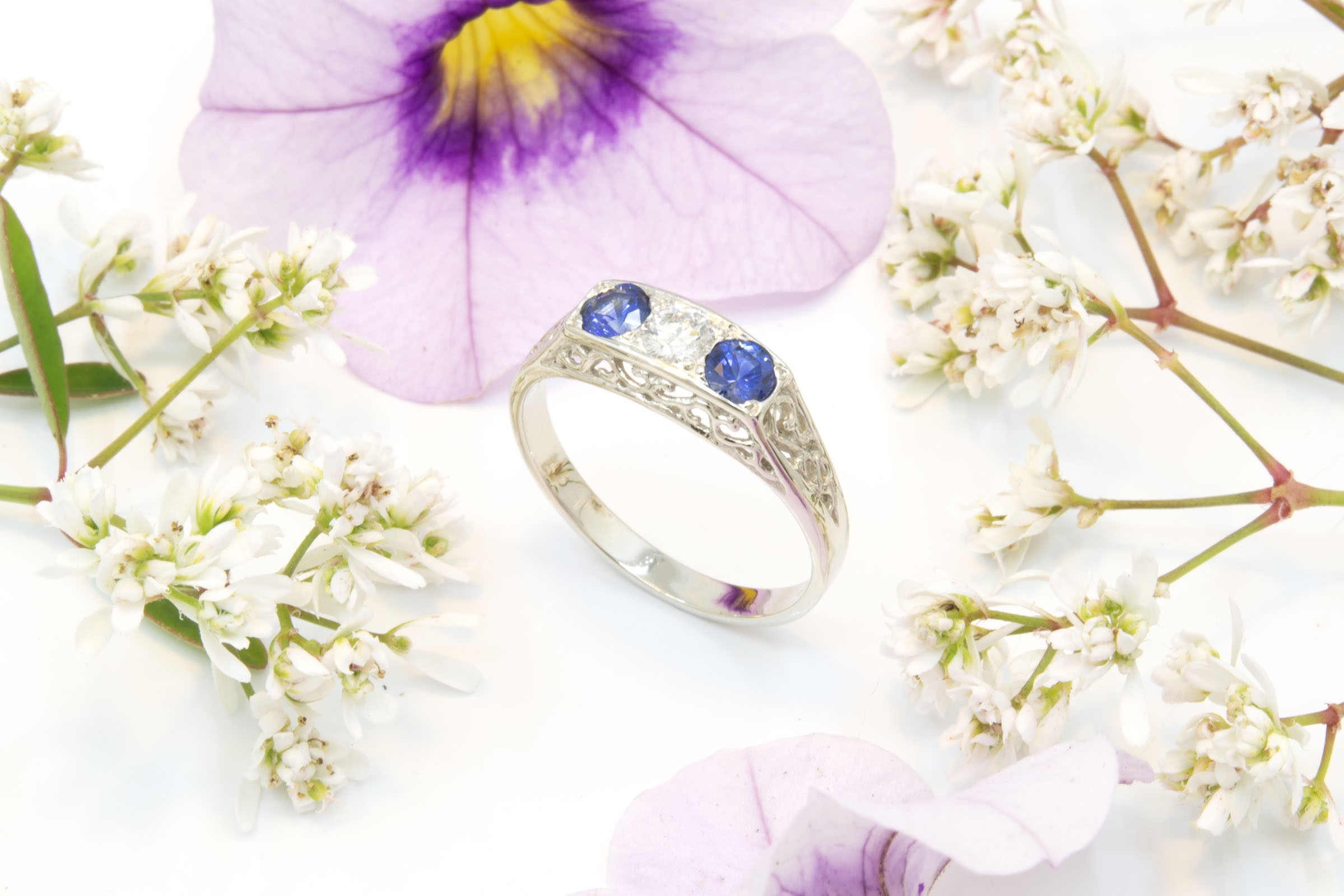 Sapphire and Diamond Open Filigree Ring