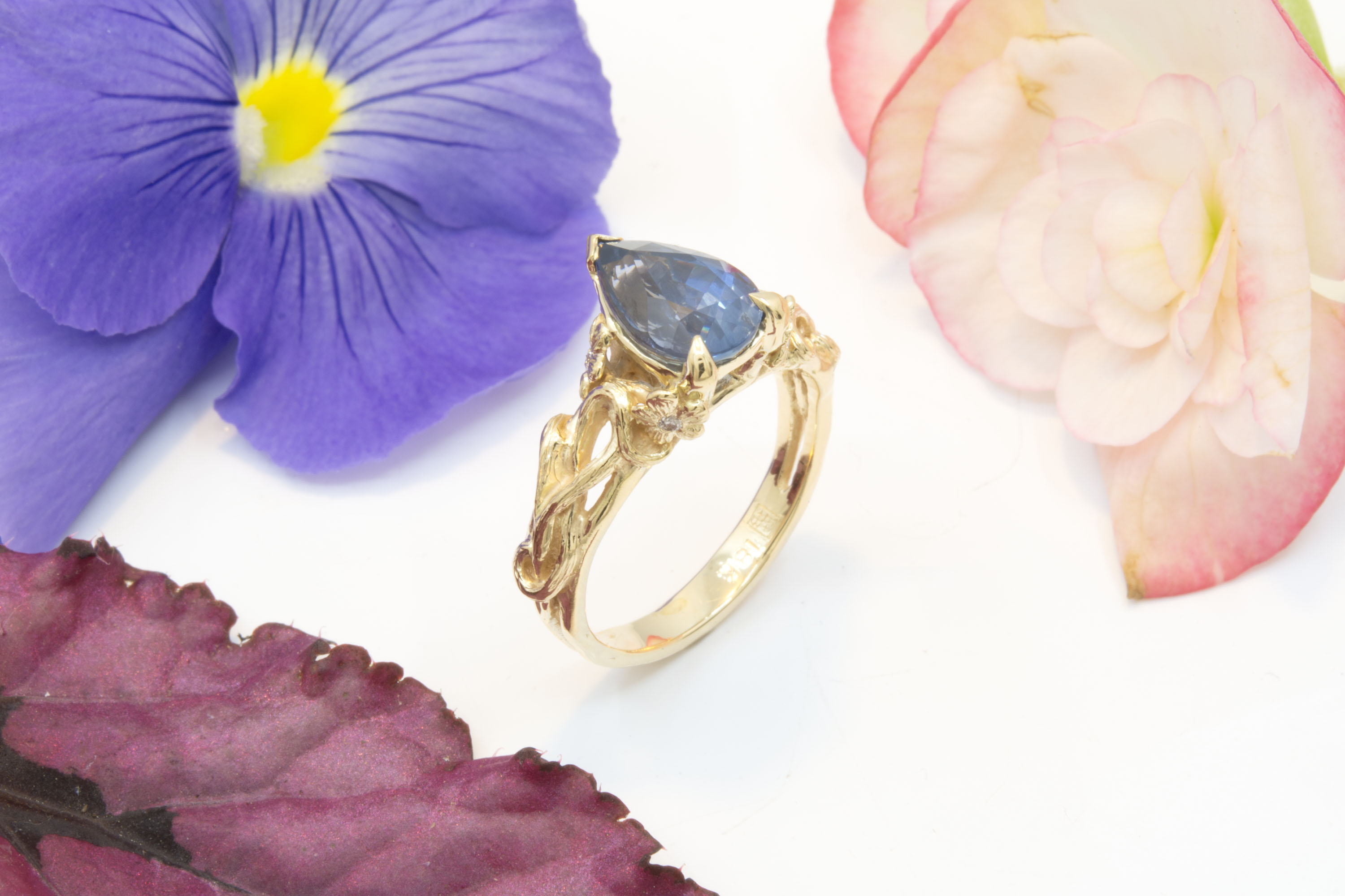 Floral Ring with Pear Shape Sapphire