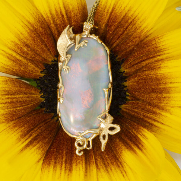 Dragon and Fairy Gray Opal Pendant