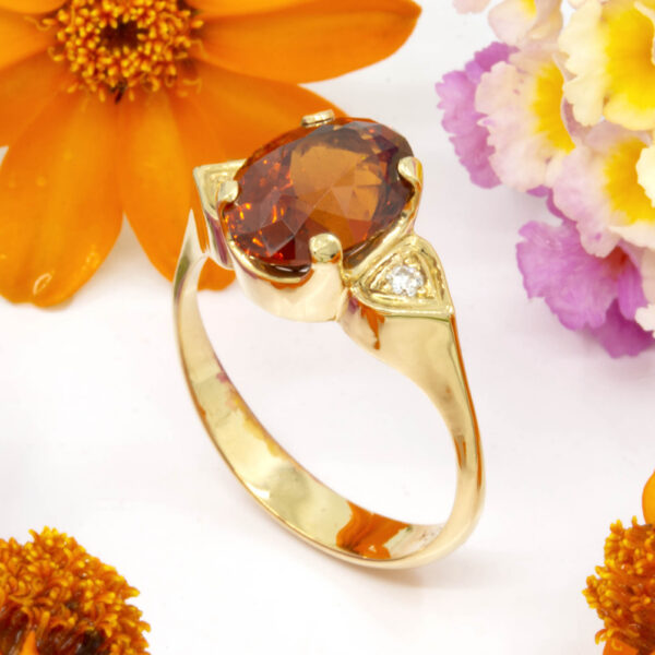 Spessartite Garnet in 18k Gold Ring with Diamonds