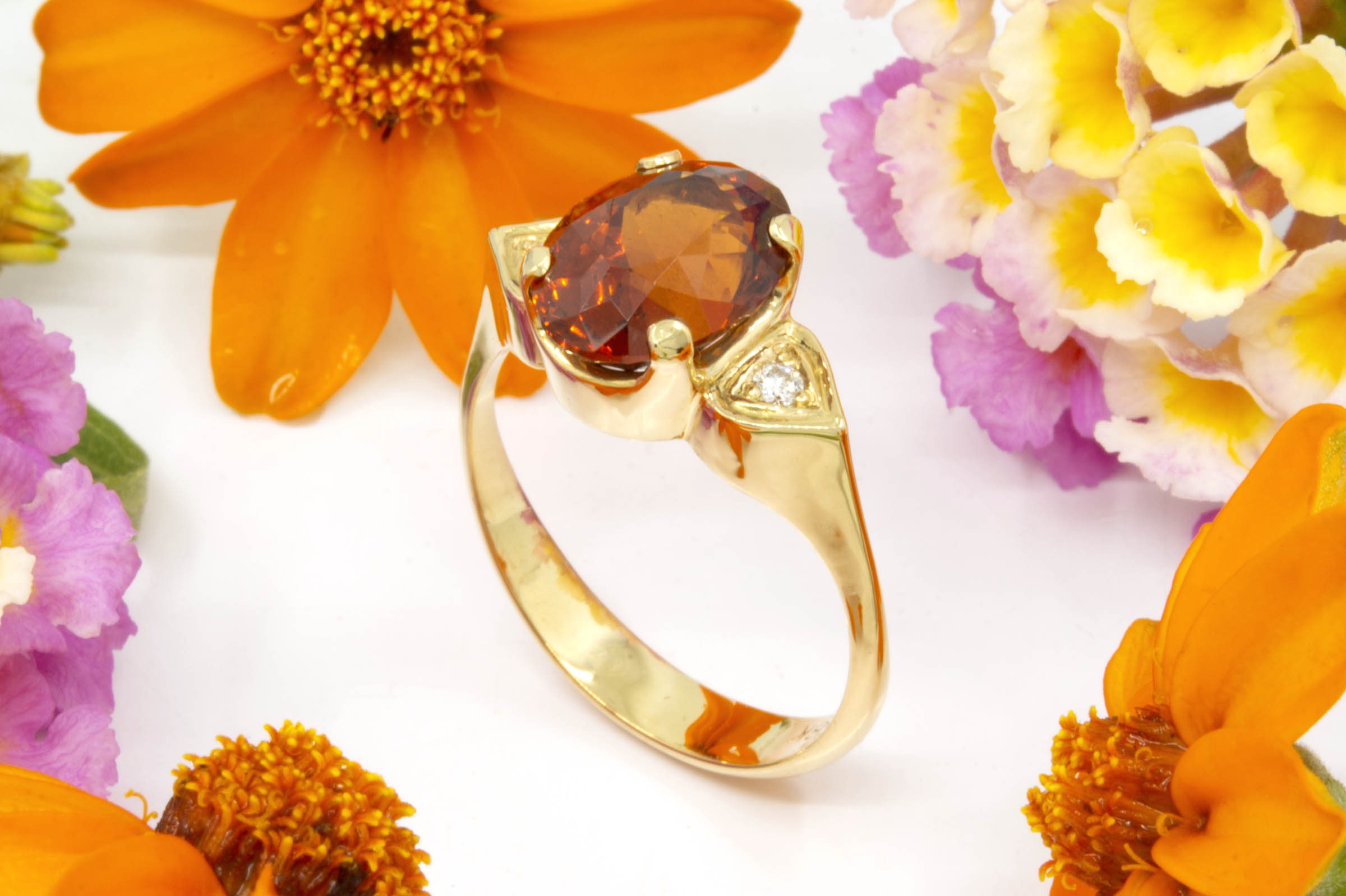 Spessartite Garnet in 18k Gold Ring with Diamonds