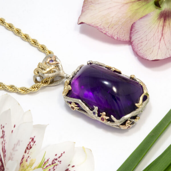 87ct Amethyst Cab Pendant with Unique Nature Theme