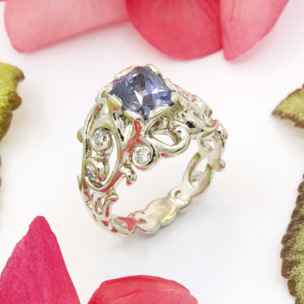 Open Filigree Ring with 2.35ct Sapphire and Diamonds
