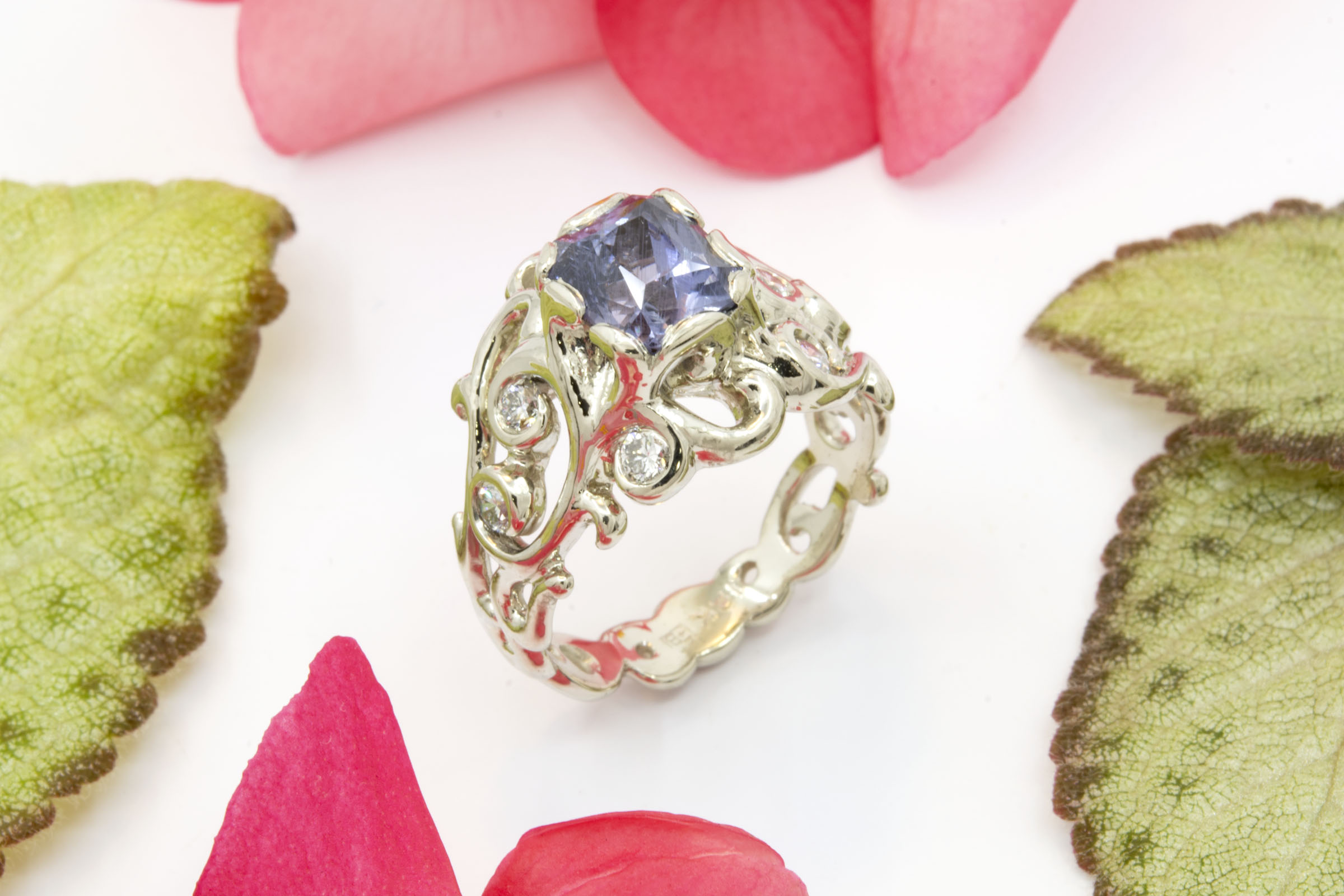 Open Filigree Ring with 2.35ct Sapphire and Diamonds