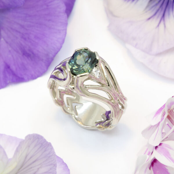 Blue Green Sapphire and Diamond Ring