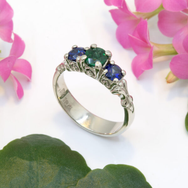 Emerald and Sapphire Ring in White Gold