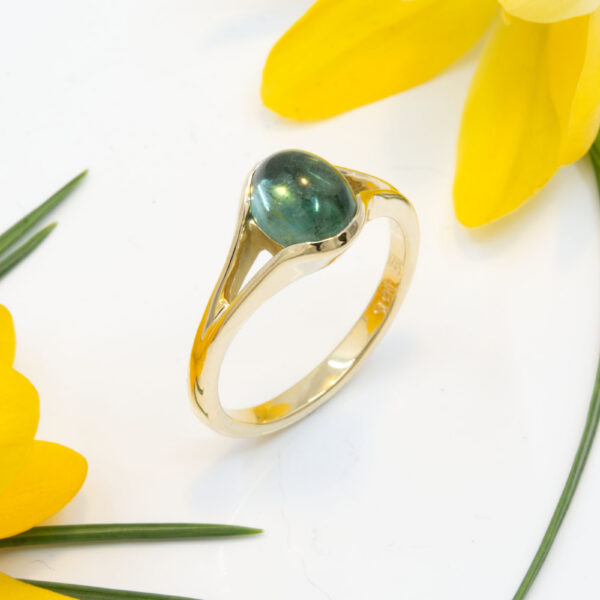 Blue Green Tourmaline Cabochon Ring