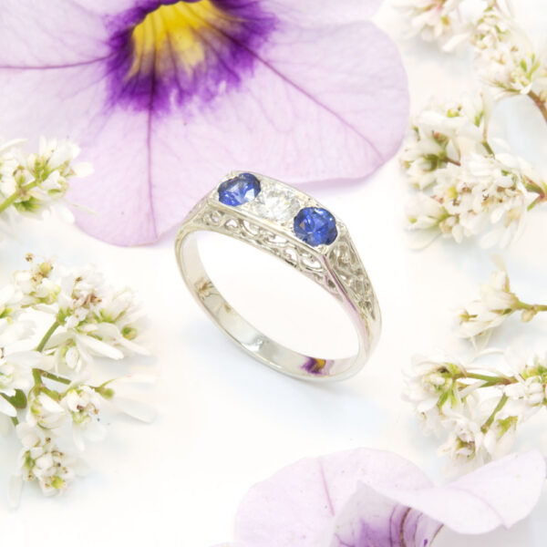 Sapphire and Diamond Open Filigree Ring