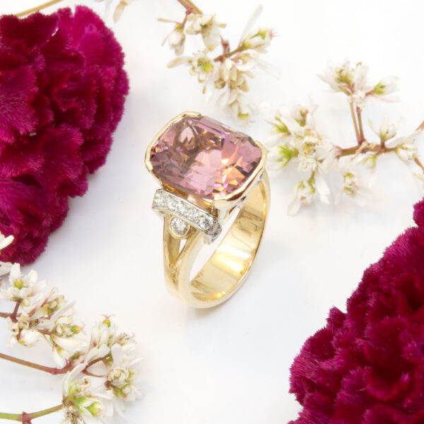 7.91ct Pink Tourmaline Cushion Ring with Diamonds