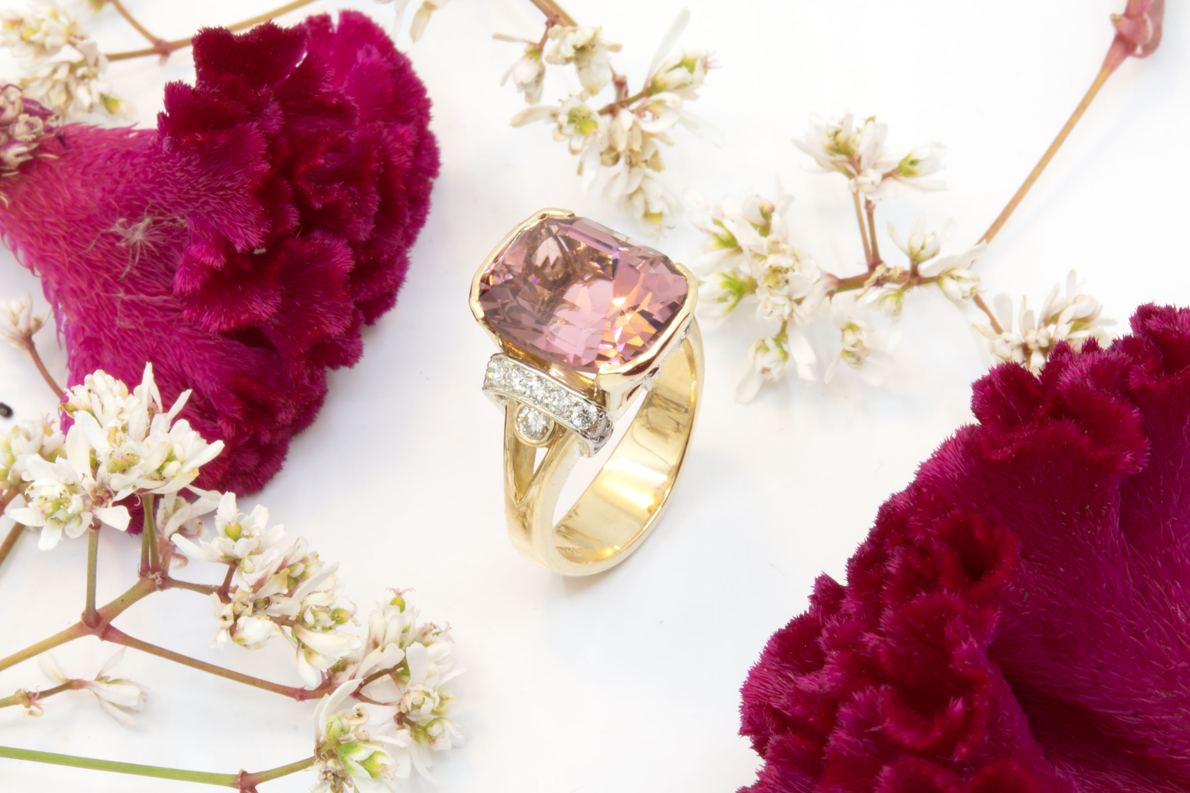 7.91ct Pink Tourmaline Cushion Ring with Diamonds