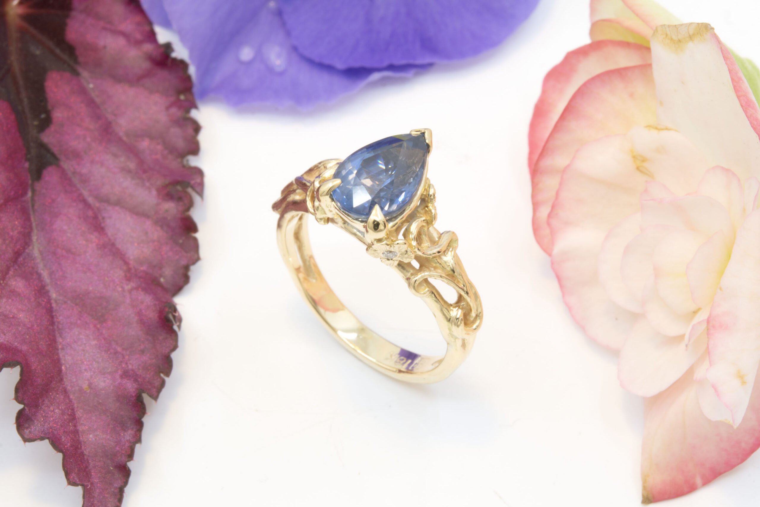 Floral Ring with Pear Shape Sapphire