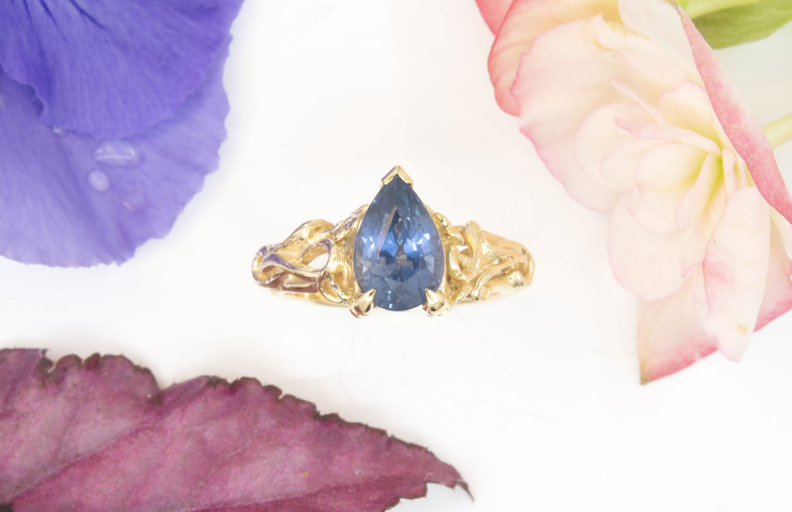 Floral Ring with Pear Shape Sapphire - Image 2