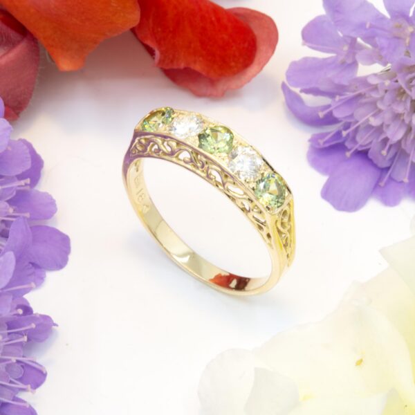 Demantoid and Diamond 5 Stone Ring