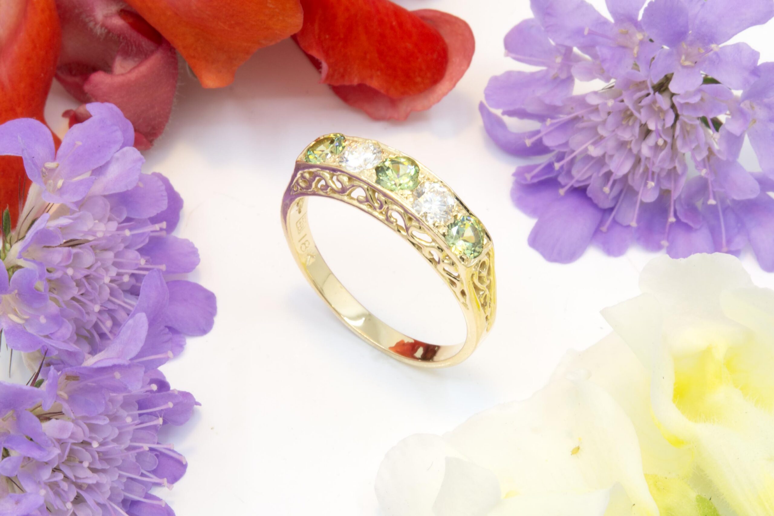 Demantoid and Diamond 5 Stone Ring