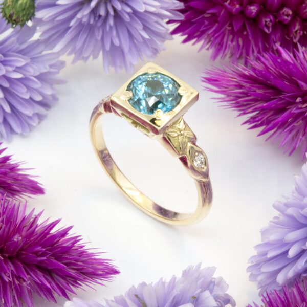 Blue Zircon Ring with Diamonds